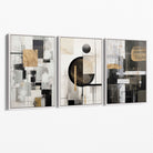 Set of 3 Abstract Geometric Black and Beige Canvas Prints with White Float Frame
