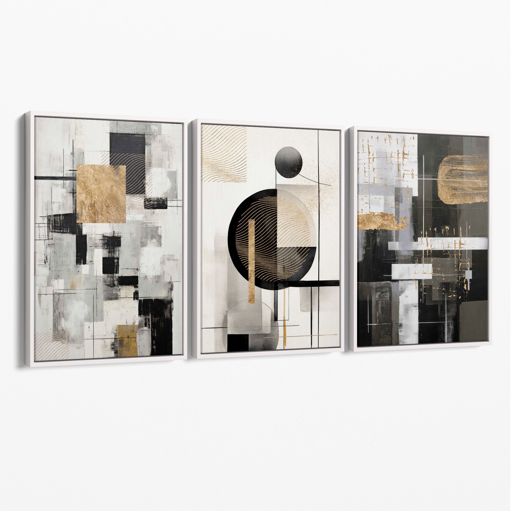Set of 3 Abstract Geometric Black and Beige Canvas Prints with White Float Frame