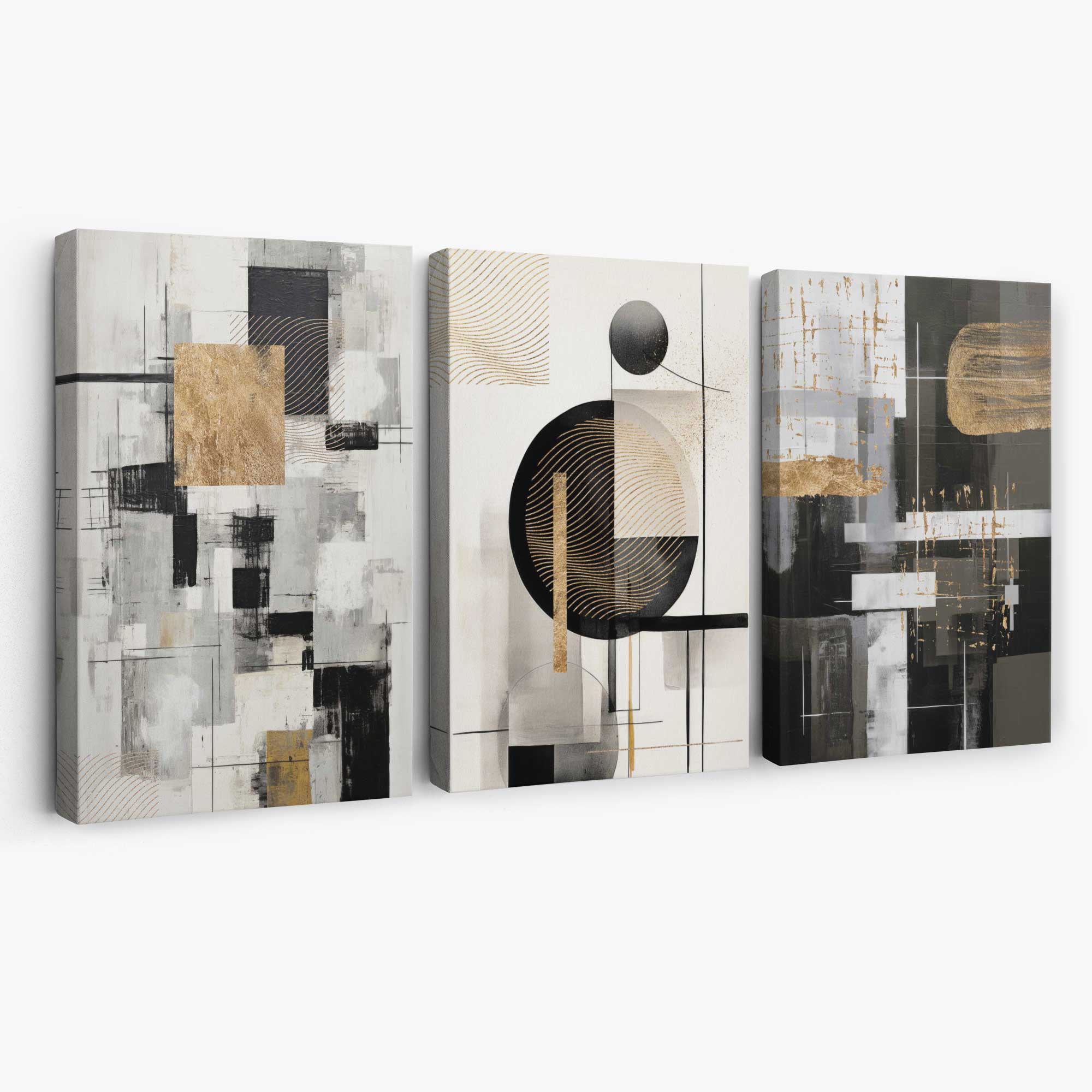 Set of 3 Abstract Geometric Black and Beige Canvas Prints | Artze Wall Art