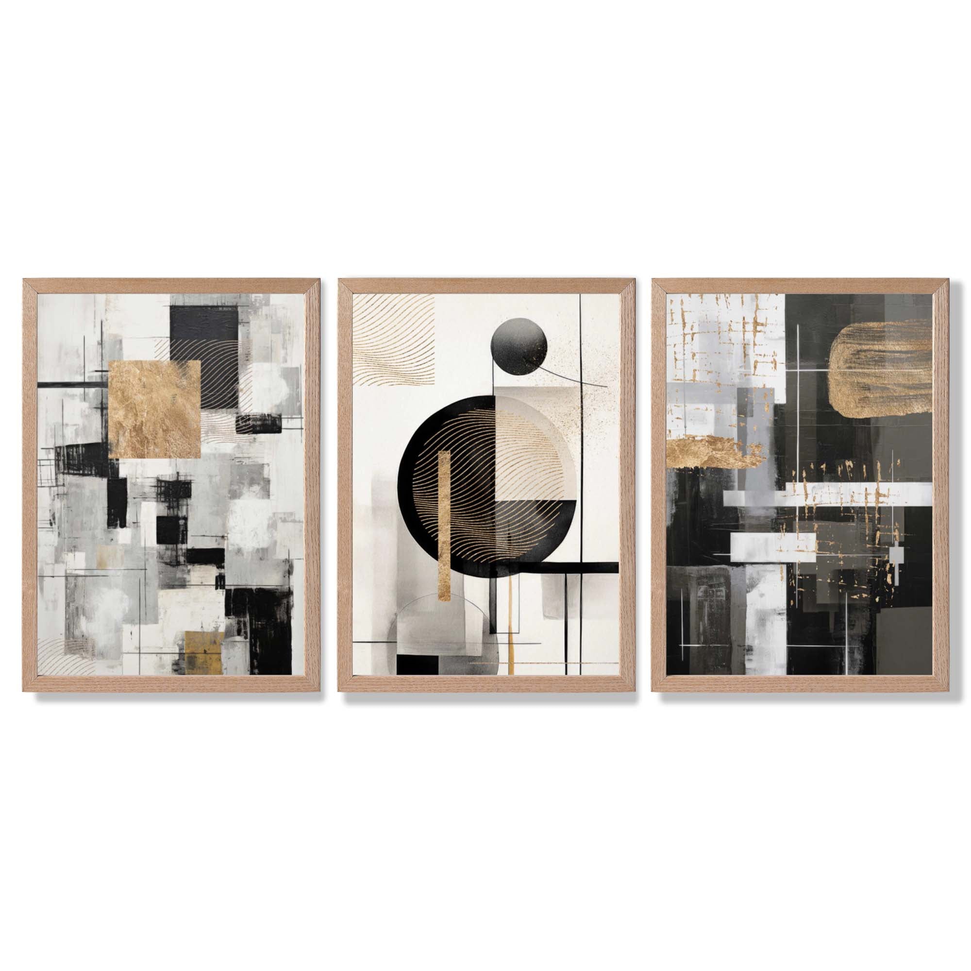 Set of 3 Abstract Geometric Black and Beige Framed Wall Art with Light Oak Frames