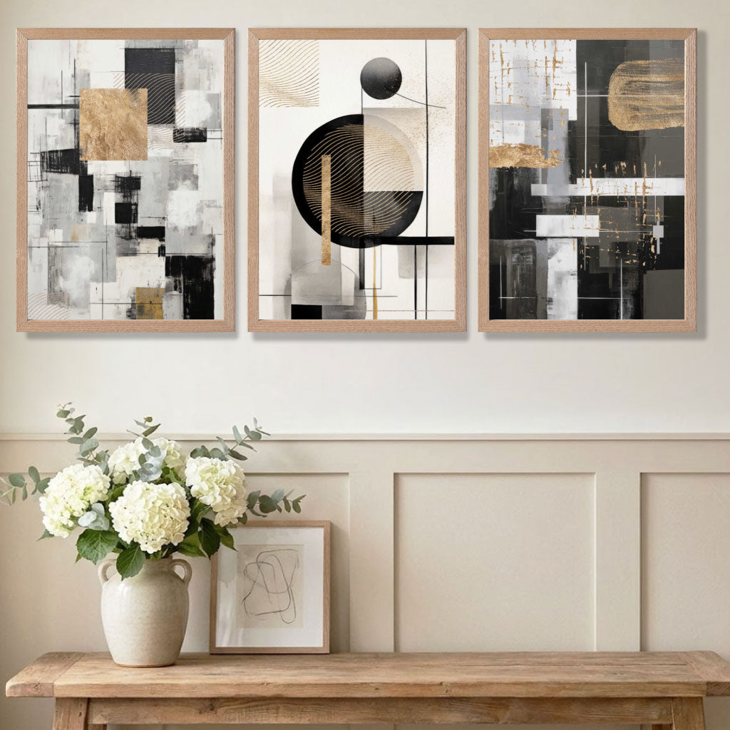 Set of 3 Abstract Geometric Black and Beige Art Prints in White Frames | Artze UK