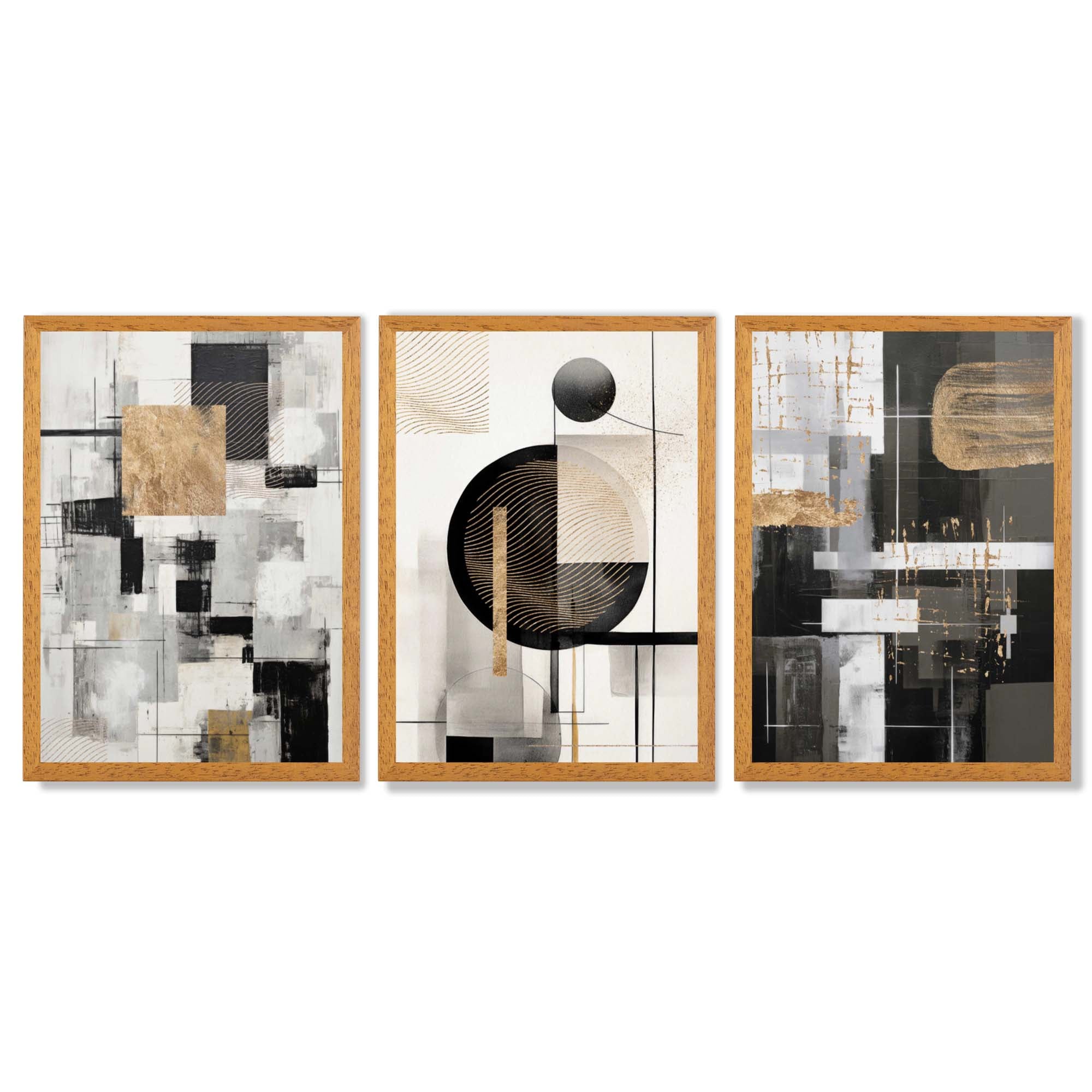 Set of 3 Abstract Geometric Black and Beige Framed Wall Art with Oak Wooden Frames