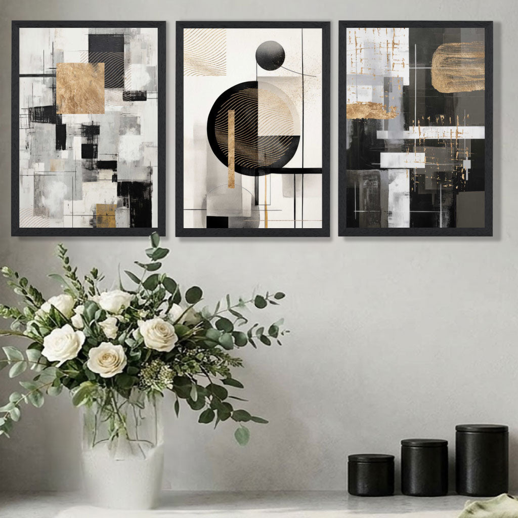 Set of 3 Abstract Geometric Black and Beige Art Prints in Oak Frames | Artze UK