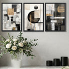 Set of 3 Abstract Geometric Black and Beige Art Prints in Oak Frames | Artze UK