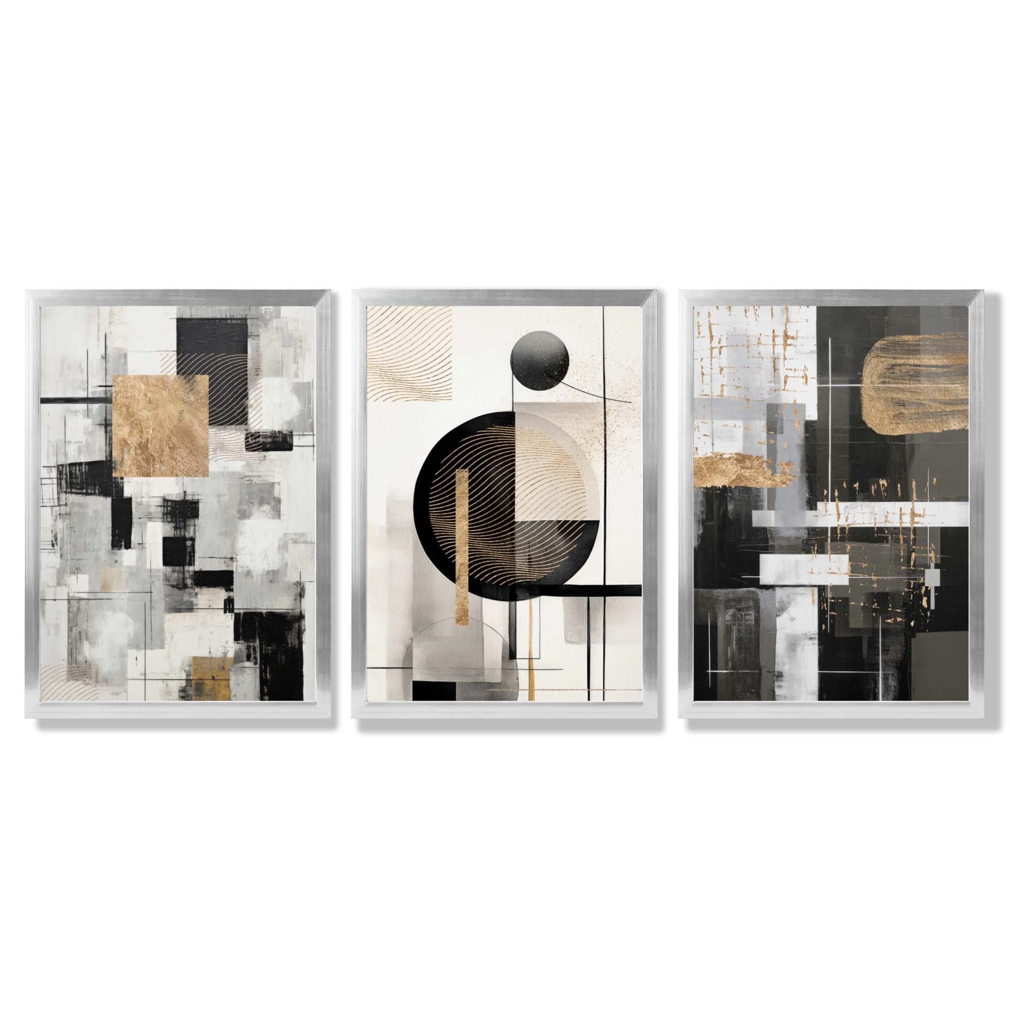 Set of 3 Abstract Geometric Black and Beige Framed Wall Art with Silver Wood Frames