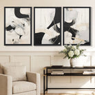 Beige and Black Set of 3 Abstract Framed Wall Art with Black Wooden Frames