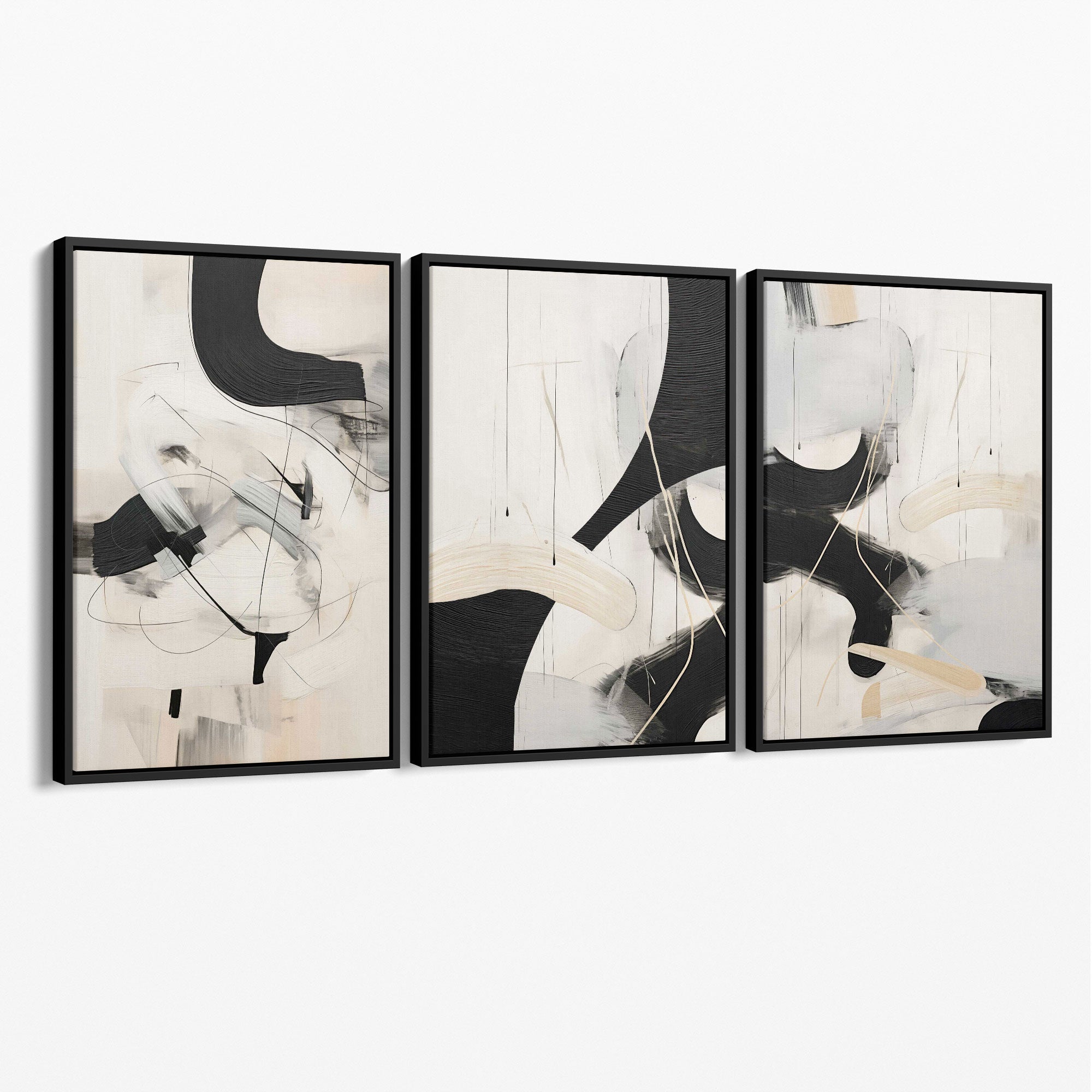 Beige and Black Set of 3 Abstract Canvas Prints with Black Float Frame