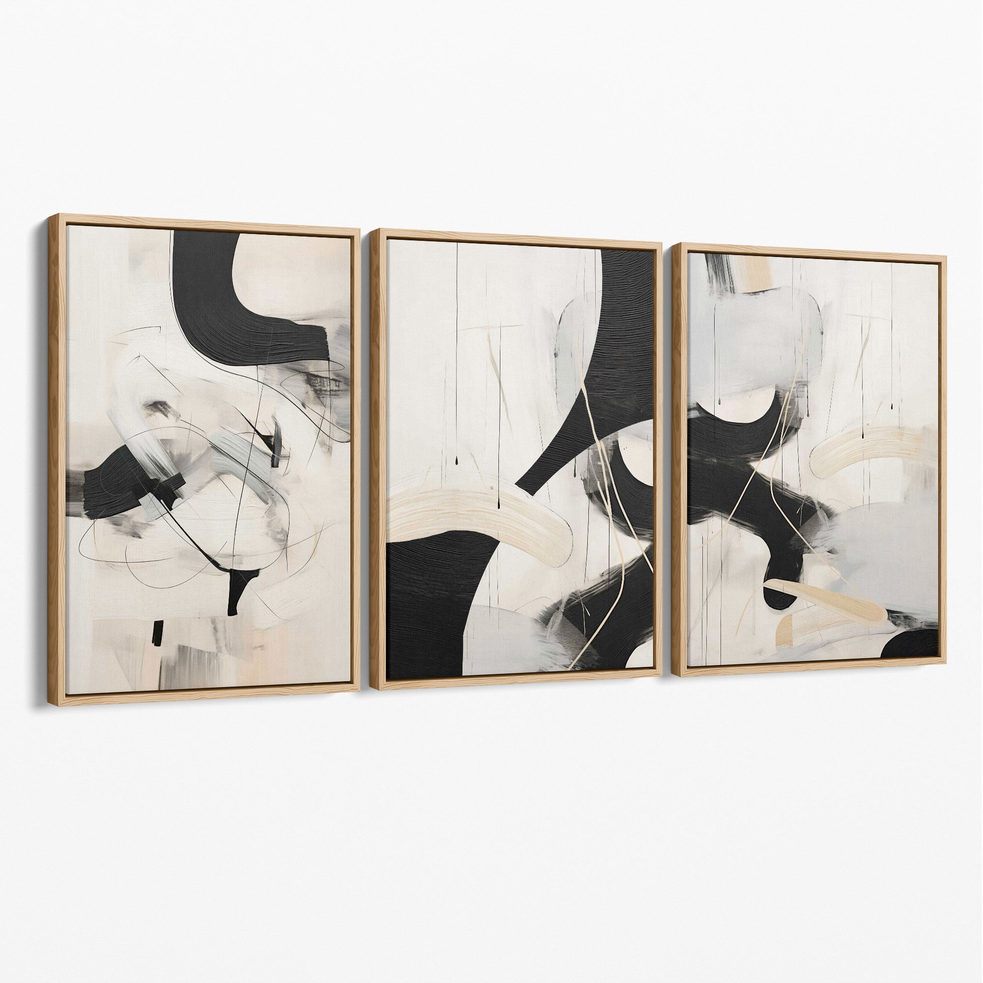 Beige and Black Set of 3 Abstract Canvas Prints with Oak Float Frame