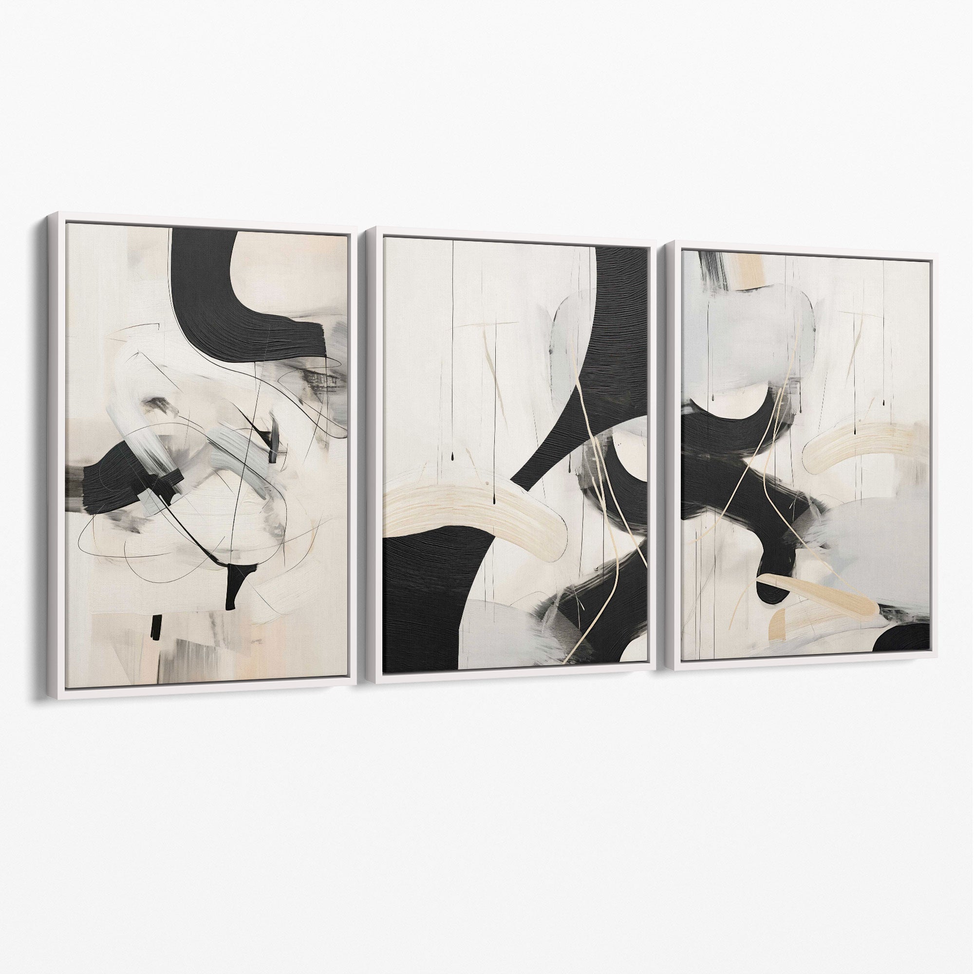 Beige and Black Set of 3 Abstract Canvas Prints with White Float Frame