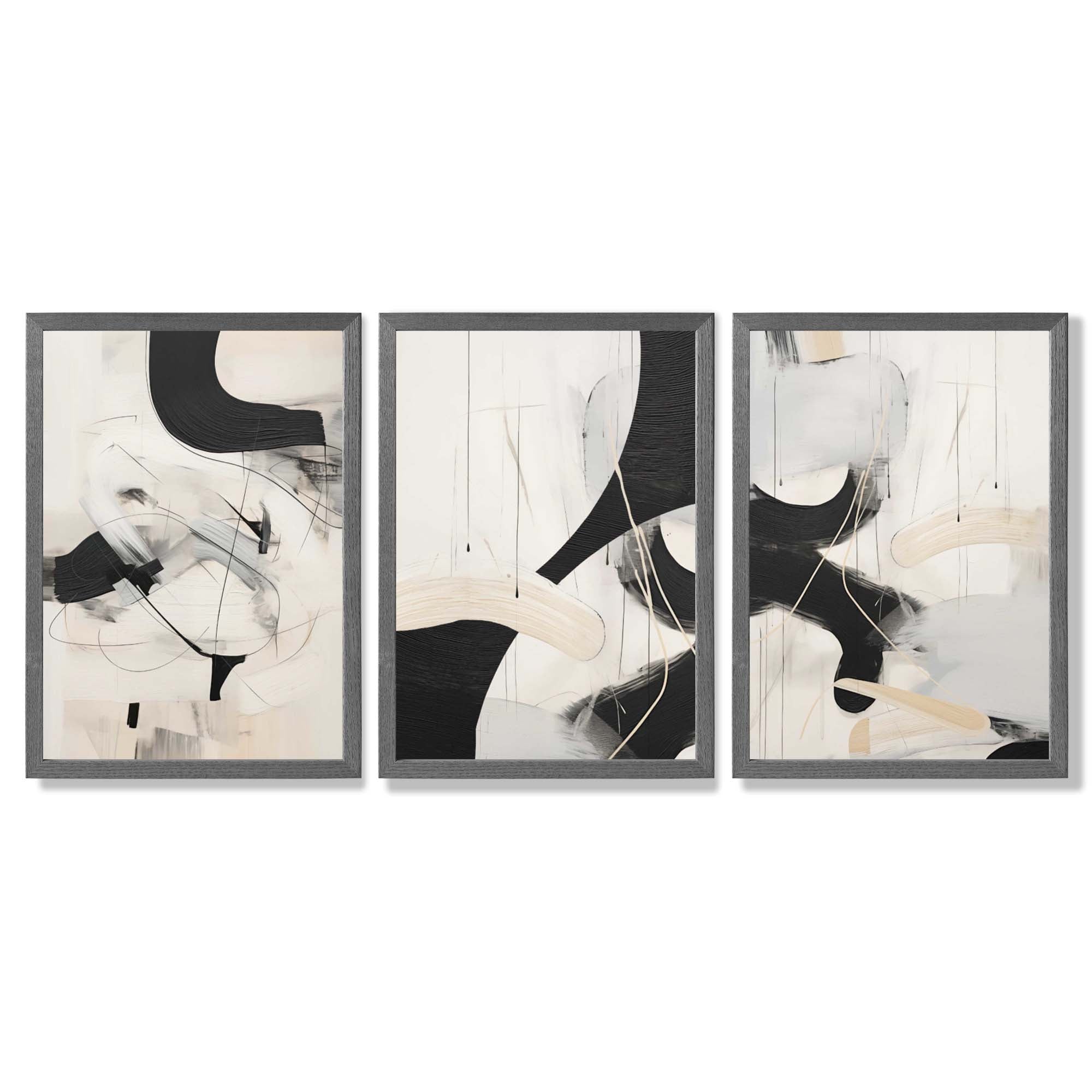 Beige and Black Set of 3 Abstract Framed Wall Art with Dark Grey Wooden Frames