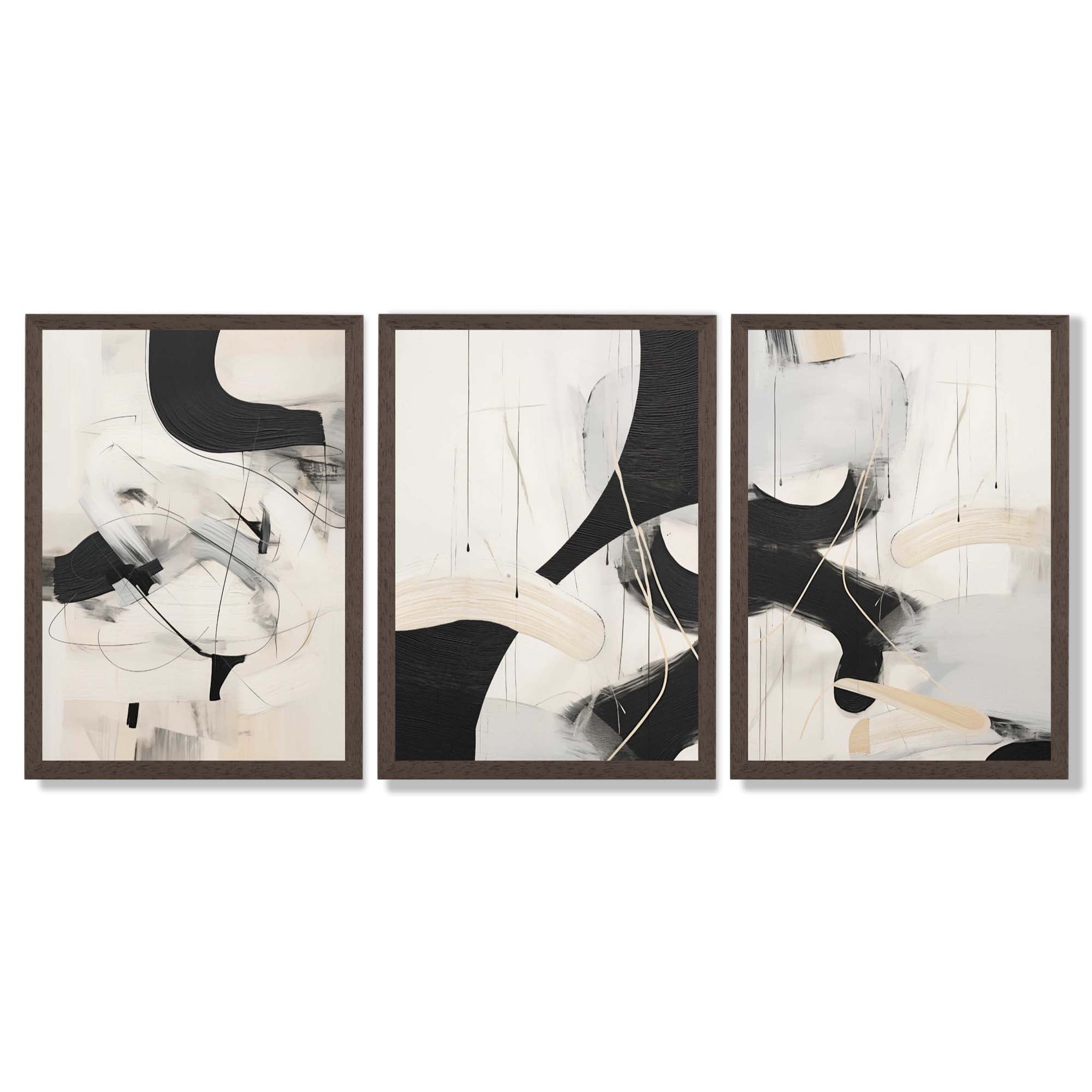 Beige and Black Set of 3 Abstract Framed Wall Art with Dark Wood Frames