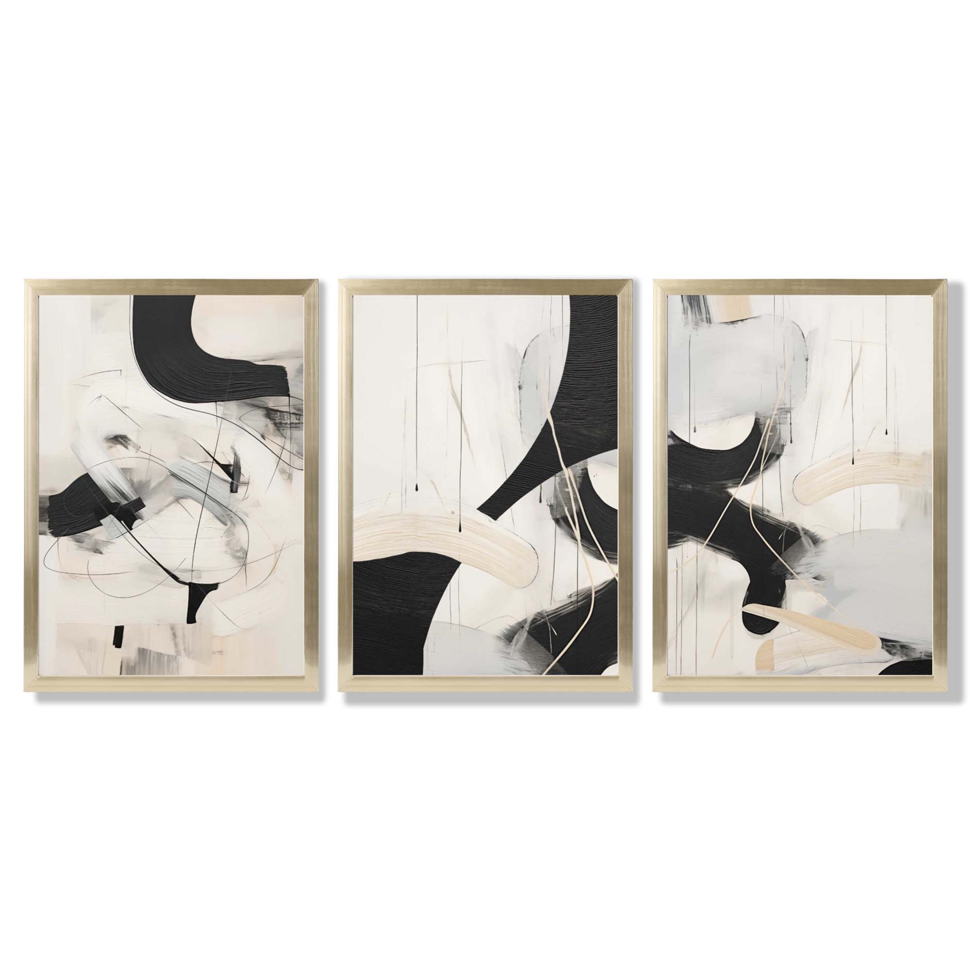 Beige and Black Set of 3 Abstract Framed Wall Art with Gold Wood Frames