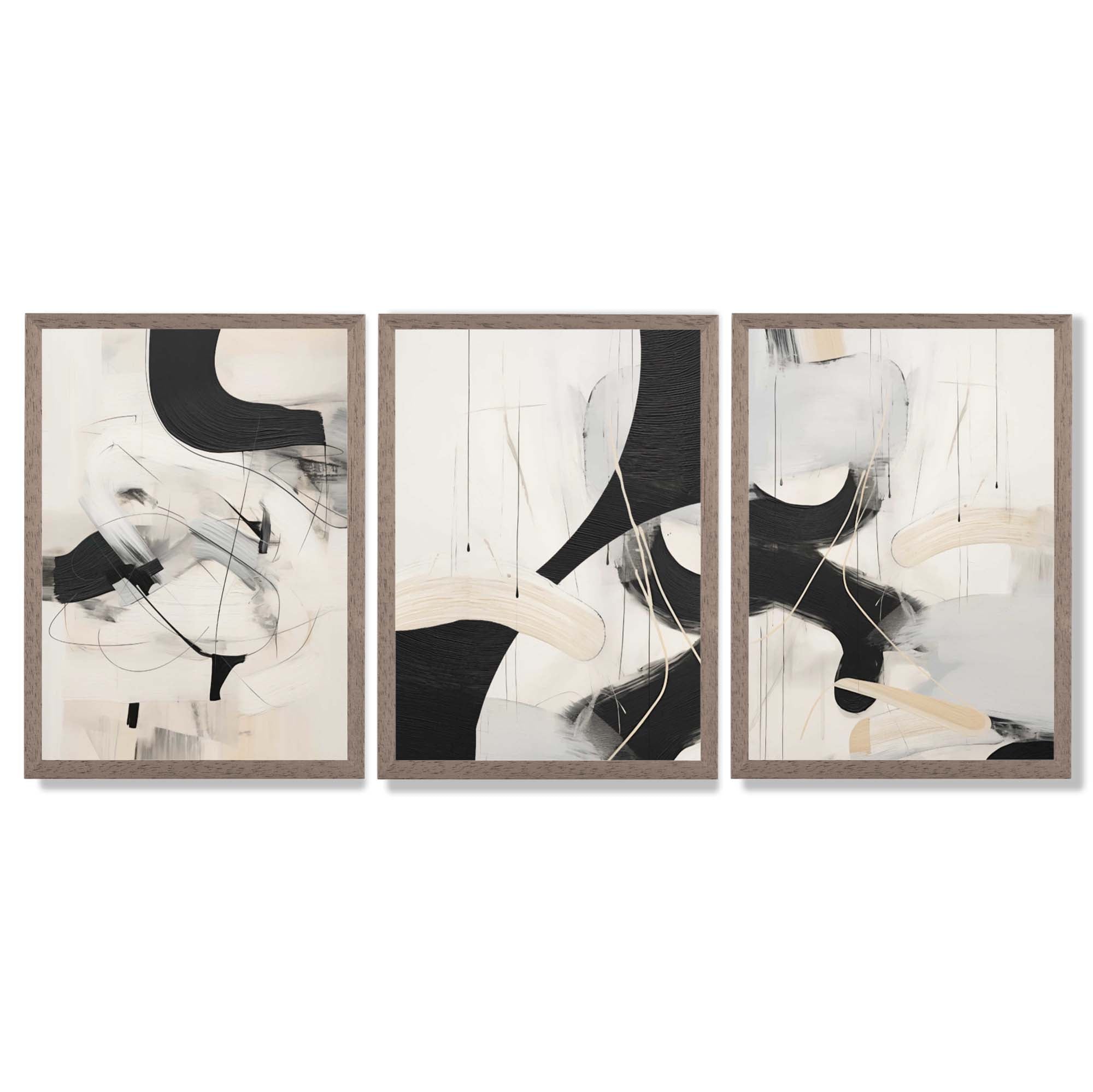 Beige and Black Set of 3 Abstract Framed Wall Art with Light Walnut Frames