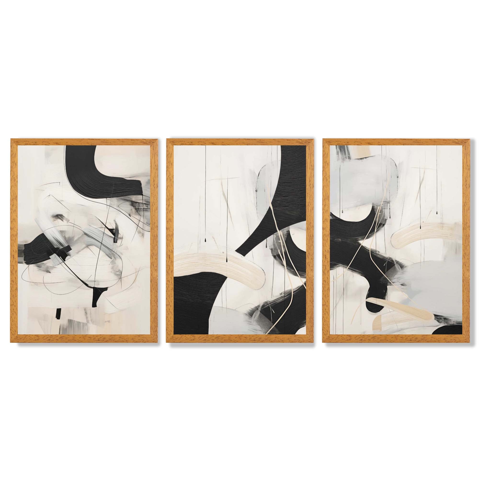 Beige and Black Set of 3 Abstract Framed Wall Art with Oak Wooden Frames