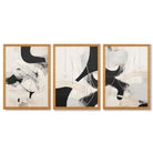 Beige and Black Set of 3 Abstract Framed Wall Art with Oak Wooden Frames