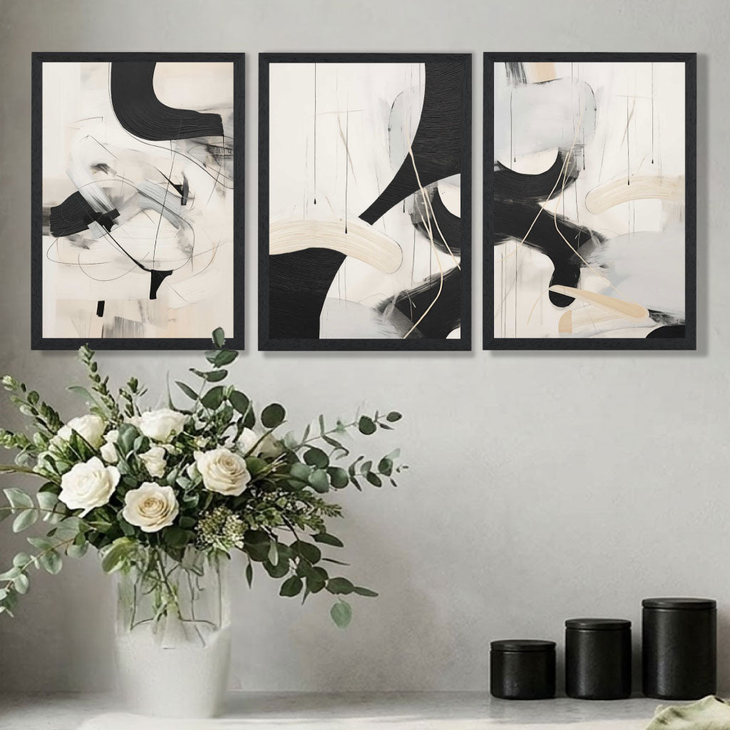 Beige and Black Set of 3 Abstract Art Prints in Oak Frames | Artze UK