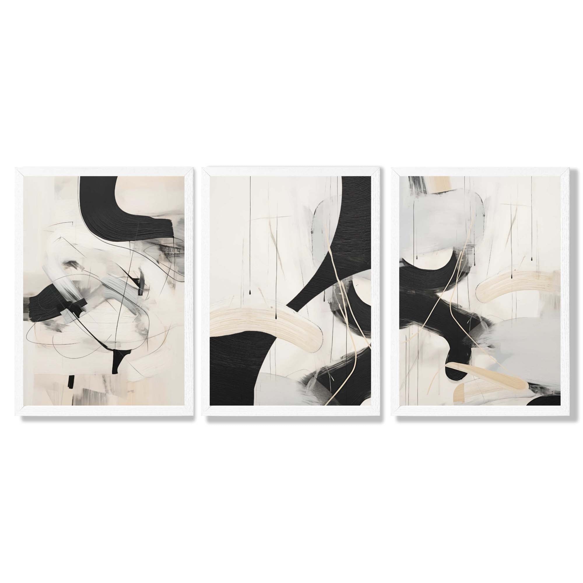 Beige and Black Set of 3 Abstract Framed Wall Art with White Wooden Frames