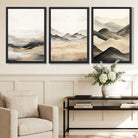Beige and Black Set of 3 Abstract Mountains Framed Wall Art with Black Wooden Frames