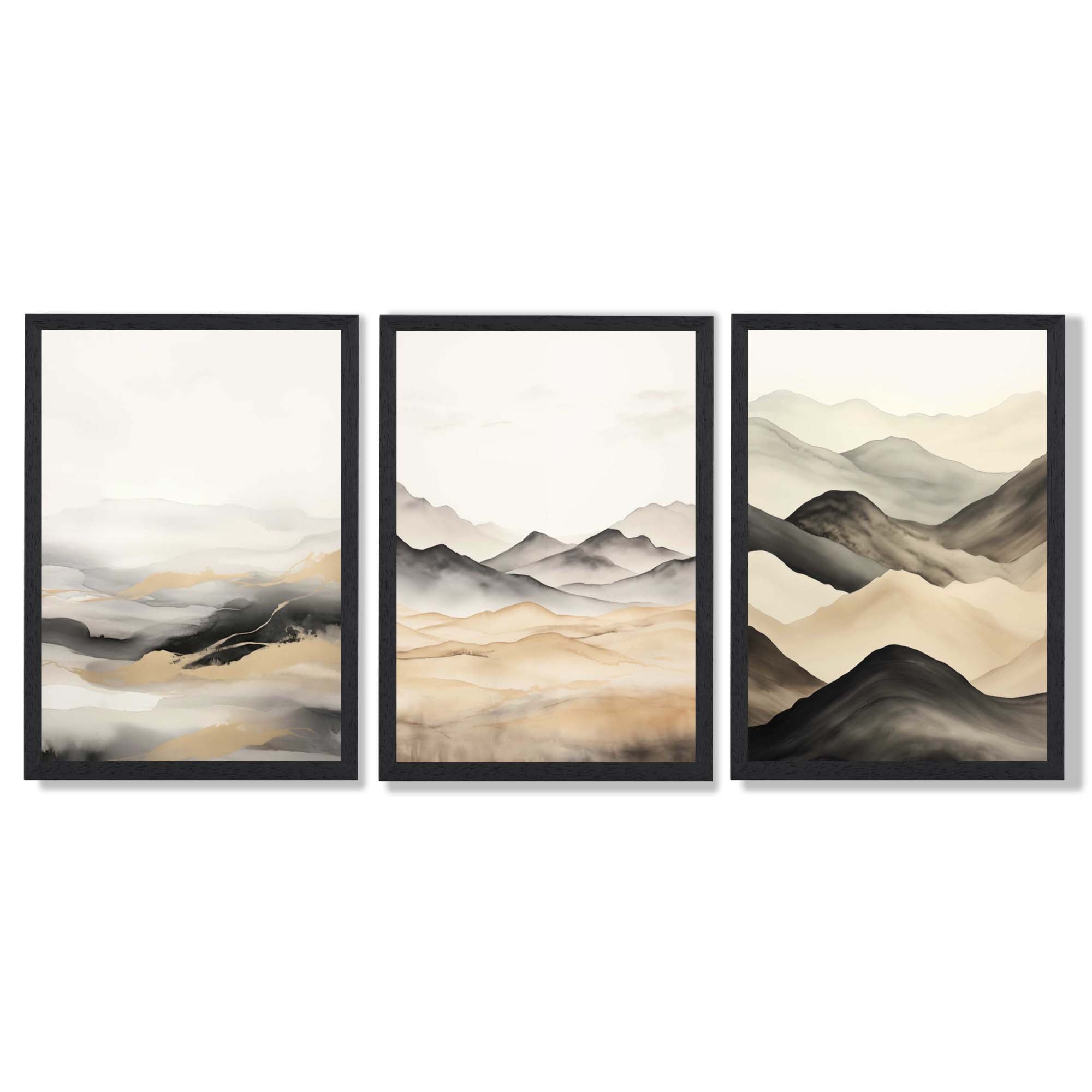 Beige and Black Set of 3 Abstract Mountains Framed Wall Art with Black Wooden Frames