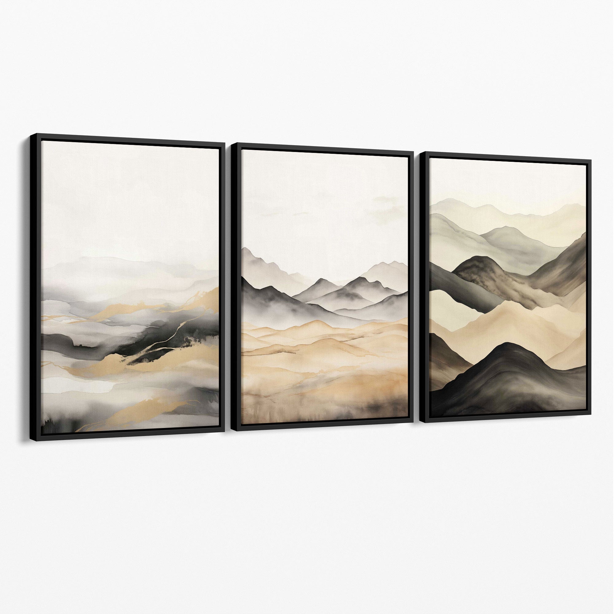 Beige and Black Set of 3 Abstract Mountains Canvas Prints with Black Float Frame