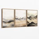 Beige and Black Set of 3 Abstract Mountains Canvas Prints with Oak Float Frame