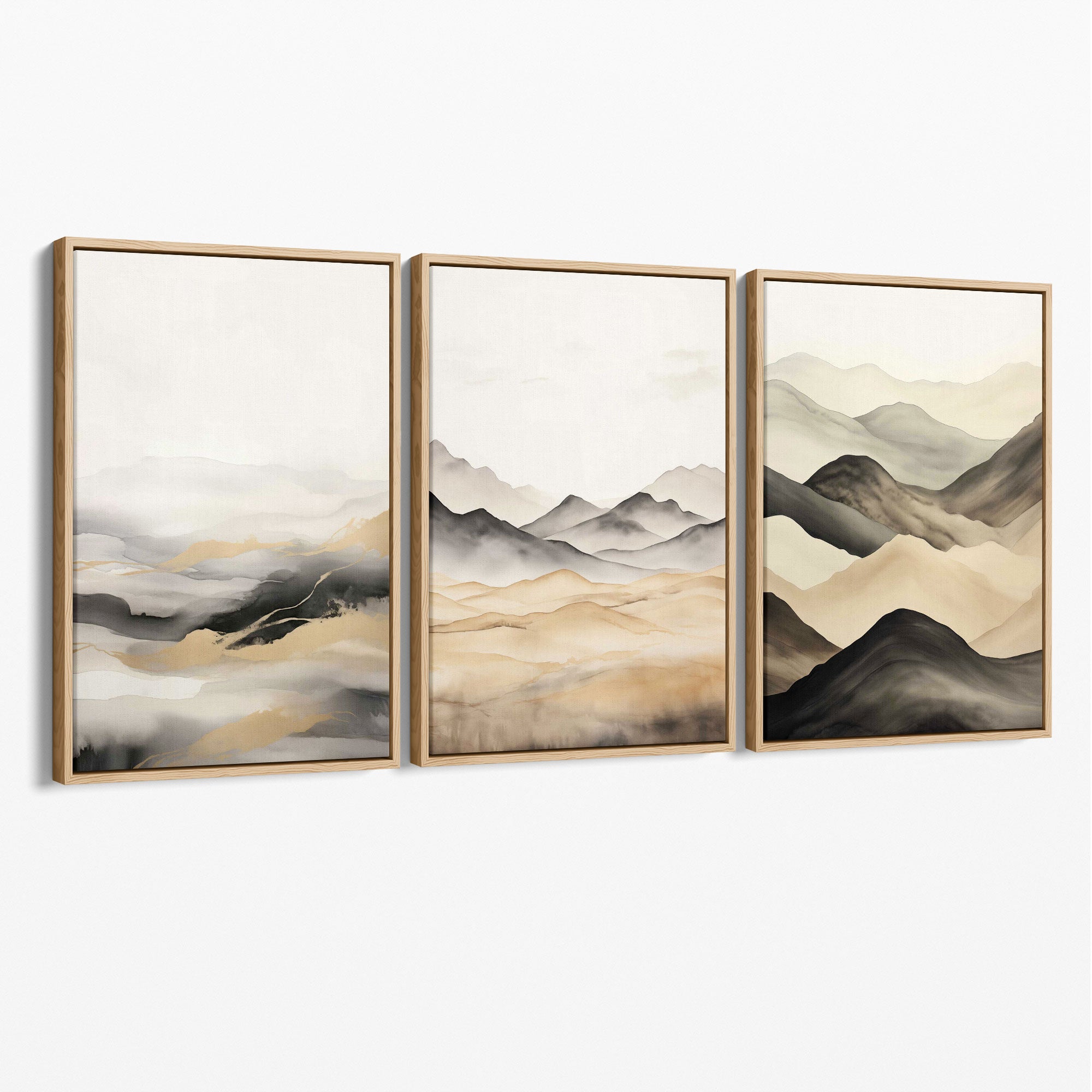 Beige and Black Set of 3 Abstract Mountains Canvas Prints with Oak Float Frame