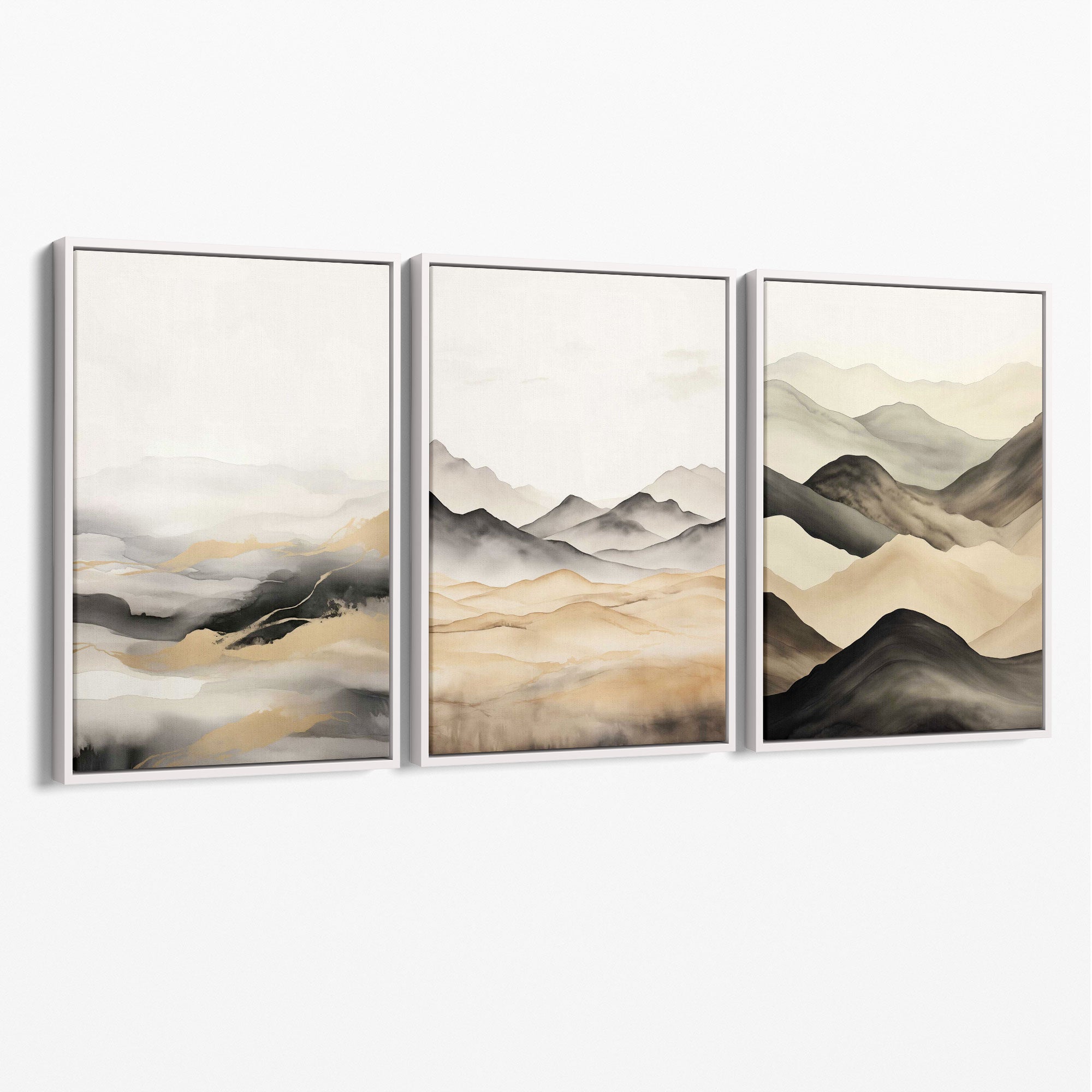 Beige and Black Set of 3 Abstract Mountains Canvas Prints with White Float Frame