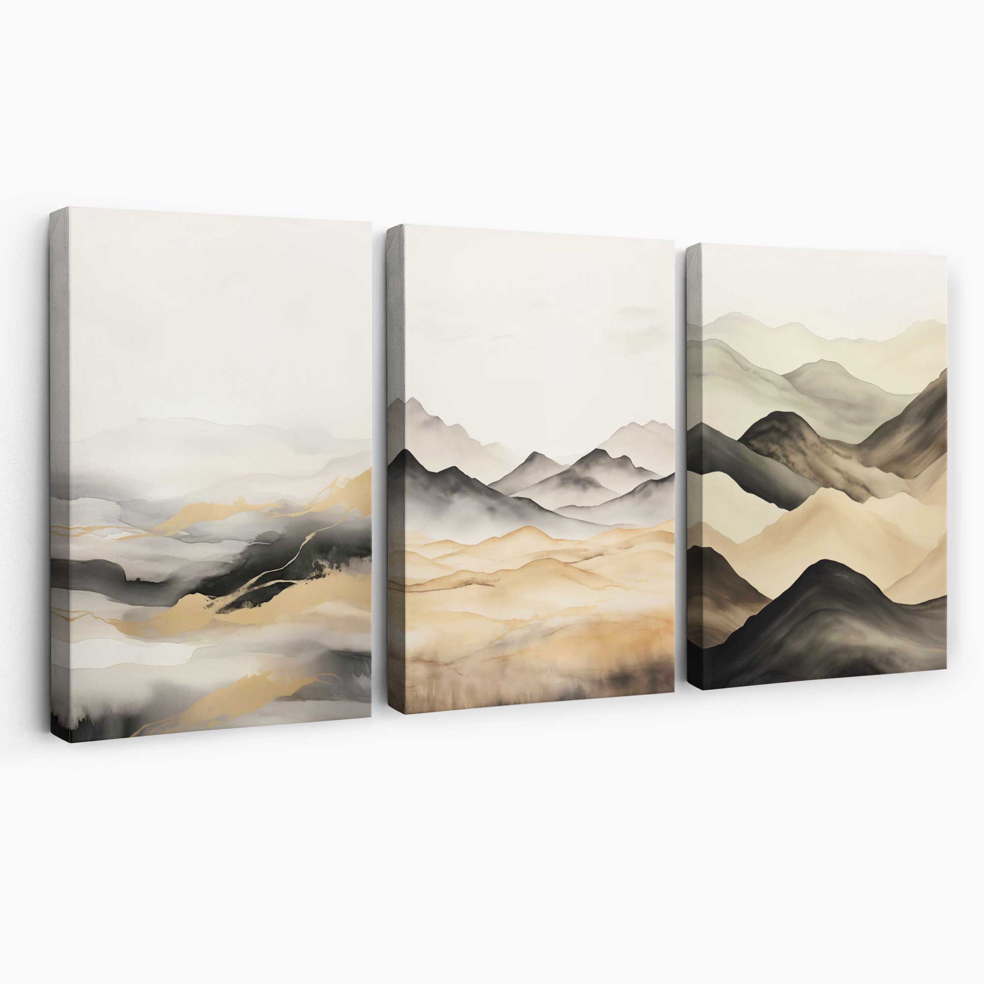 Beige and Black Set of 3 Abstract Mountains Canvas Prints | Artze Wall Art