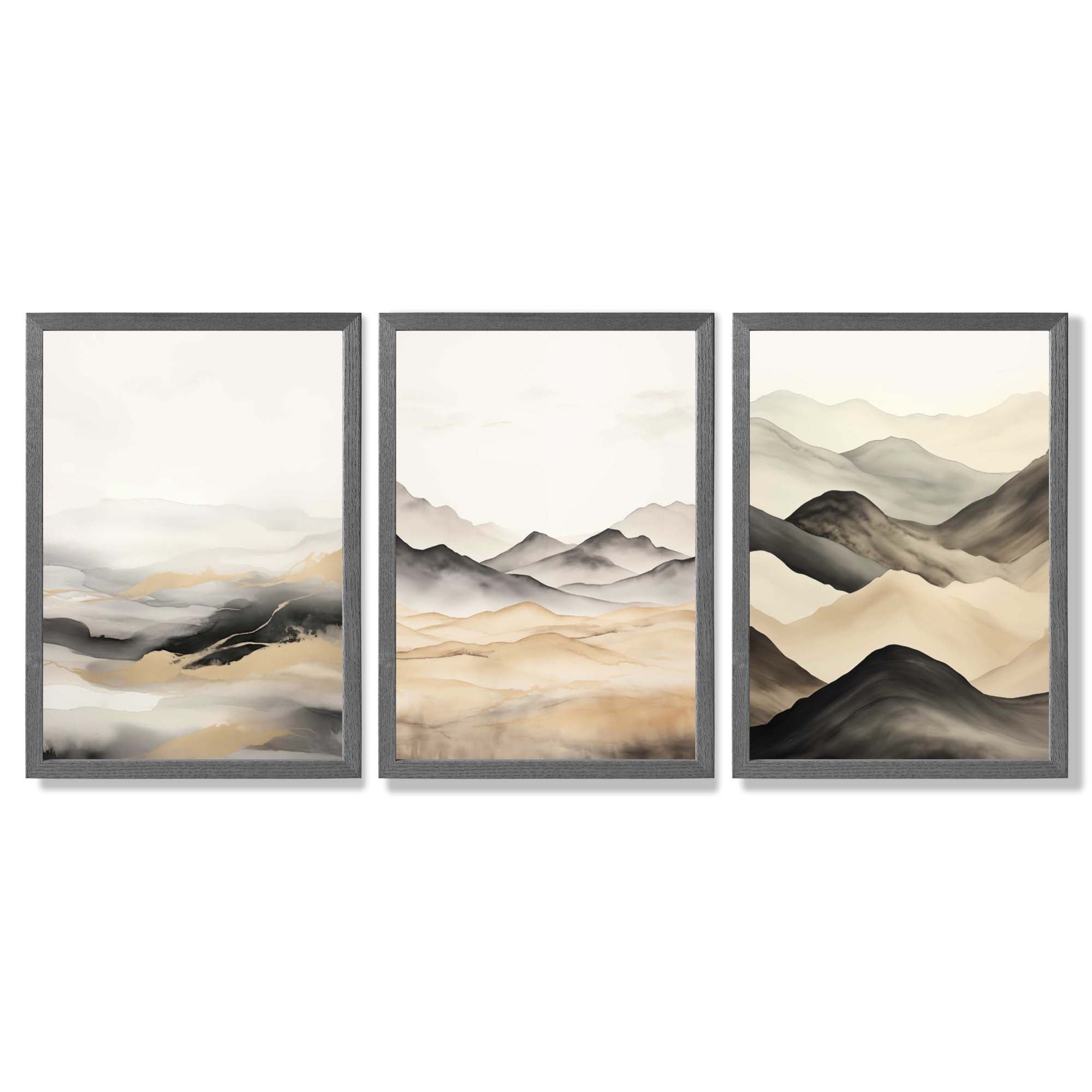 Beige and Black Set of 3 Abstract Mountains Framed Wall Art with Dark Grey Wooden Frames