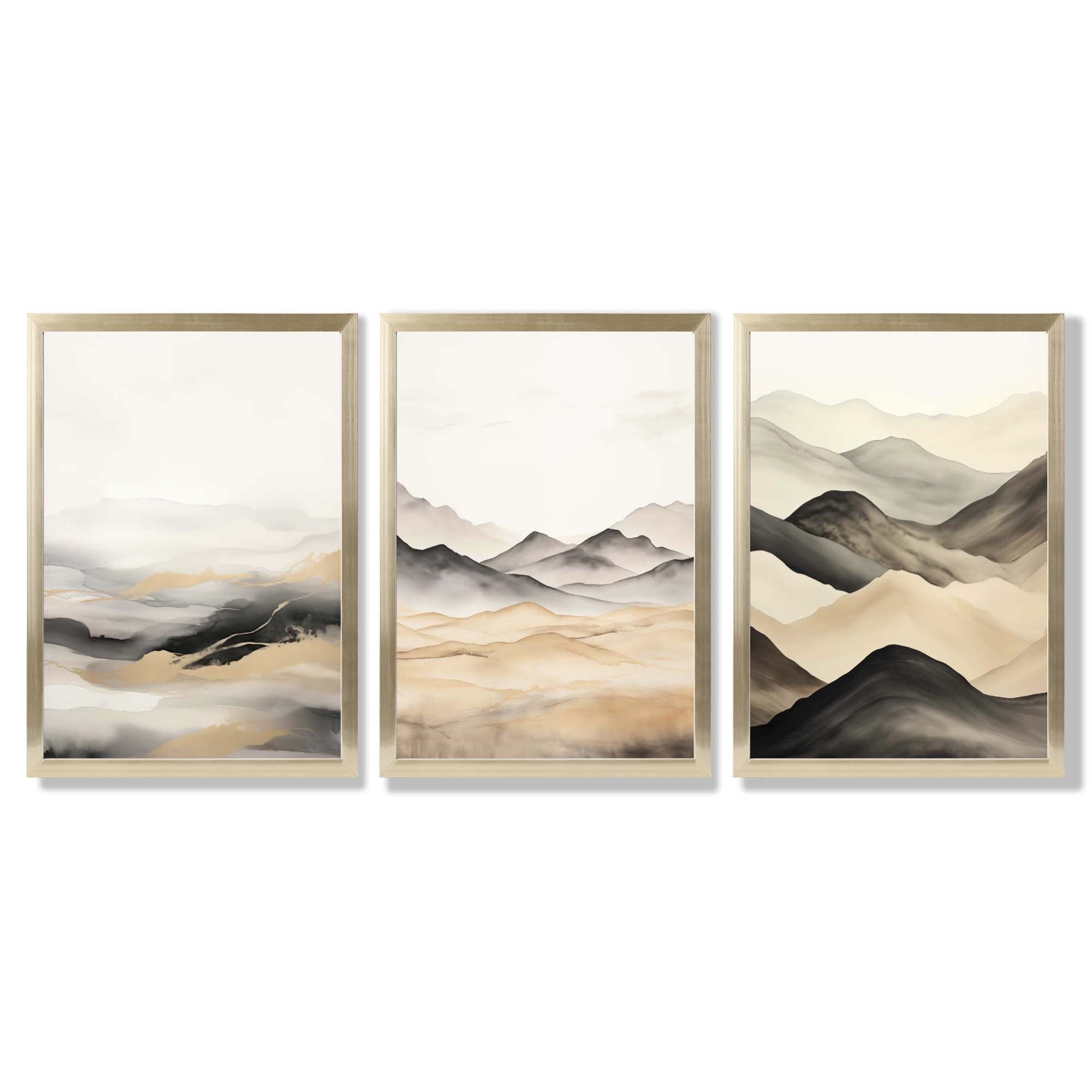 Beige and Black Set of 3 Abstract Mountains Framed Wall Art with Gold Wood Frames