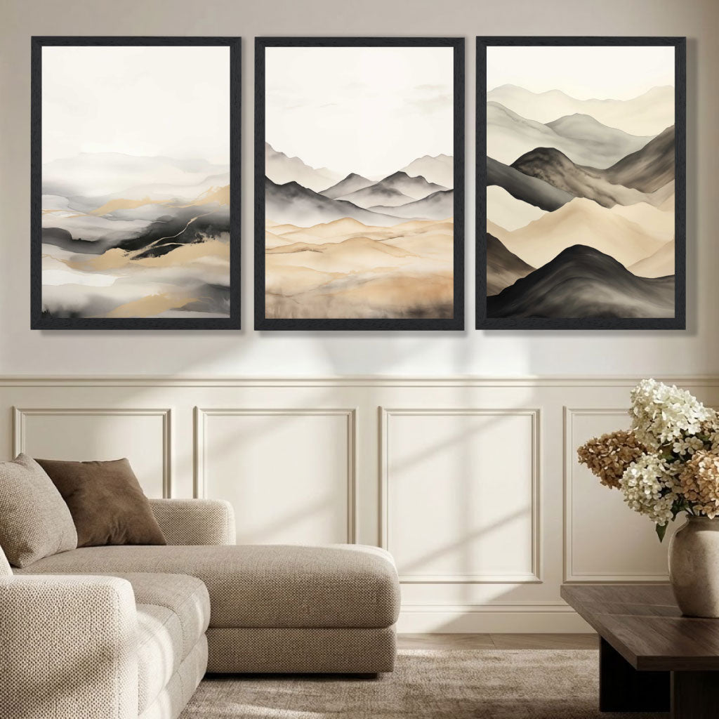 Beige and Black Set of 3 Abstract Mountains Art Prints in Black Frames | Artze UK