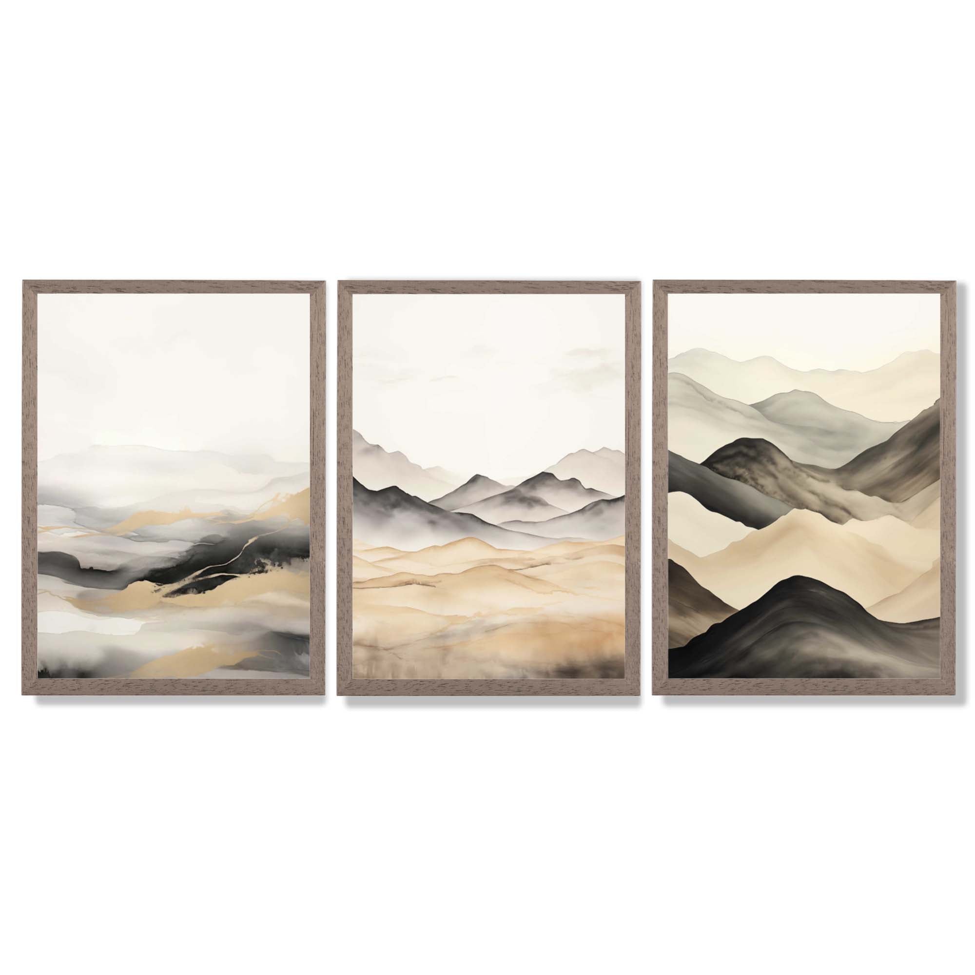 Beige and Black Set of 3 Abstract Mountains Framed Wall Art with Light Walnut Frames