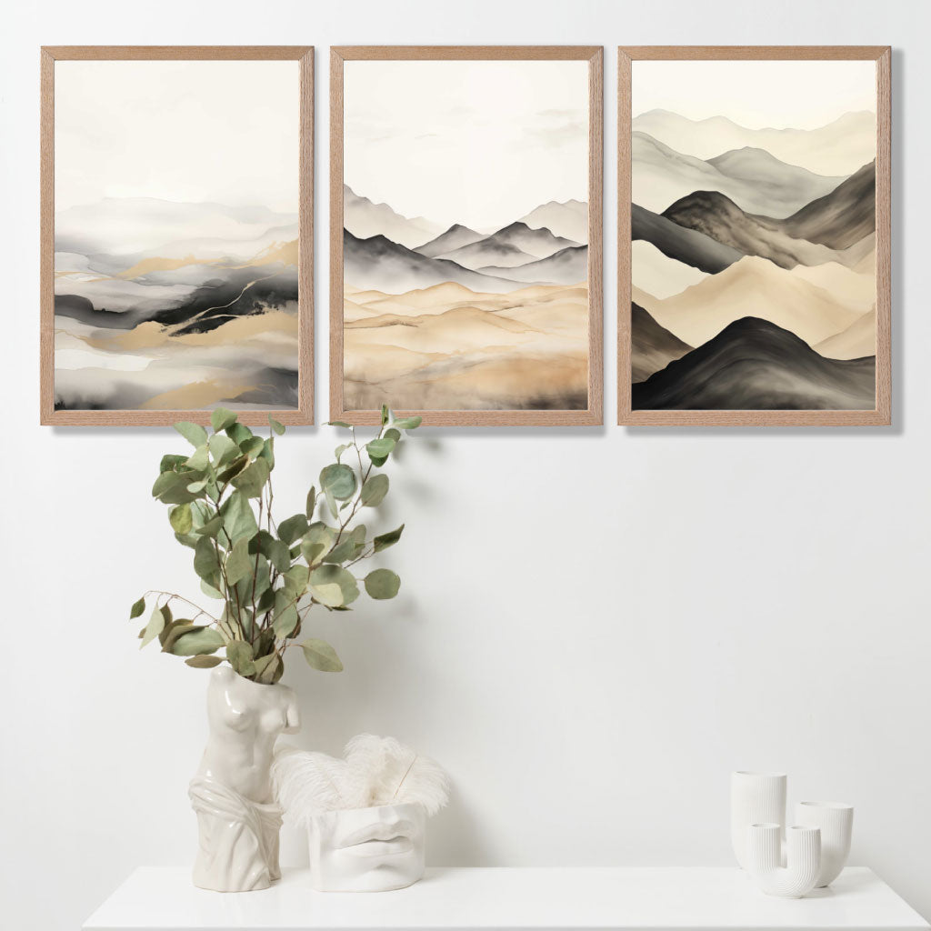 Beige and Black Set of 3 Abstract Mountains Art Prints in Oak Frames | Artze UK