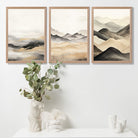 Beige and Black Set of 3 Abstract Mountains Art Prints in Oak Frames | Artze UK