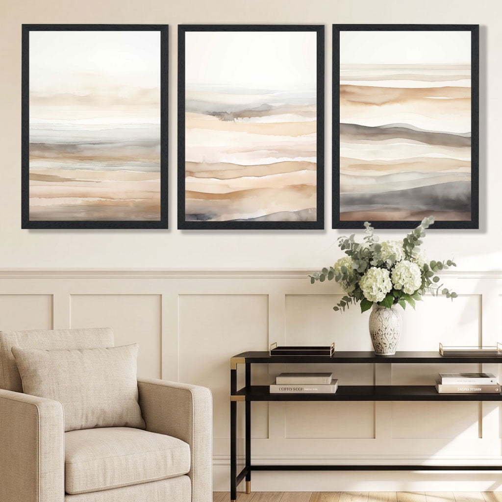Beige and Sand Set of 3 Abstract Waves Framed Wall Art with Black Wooden Frames