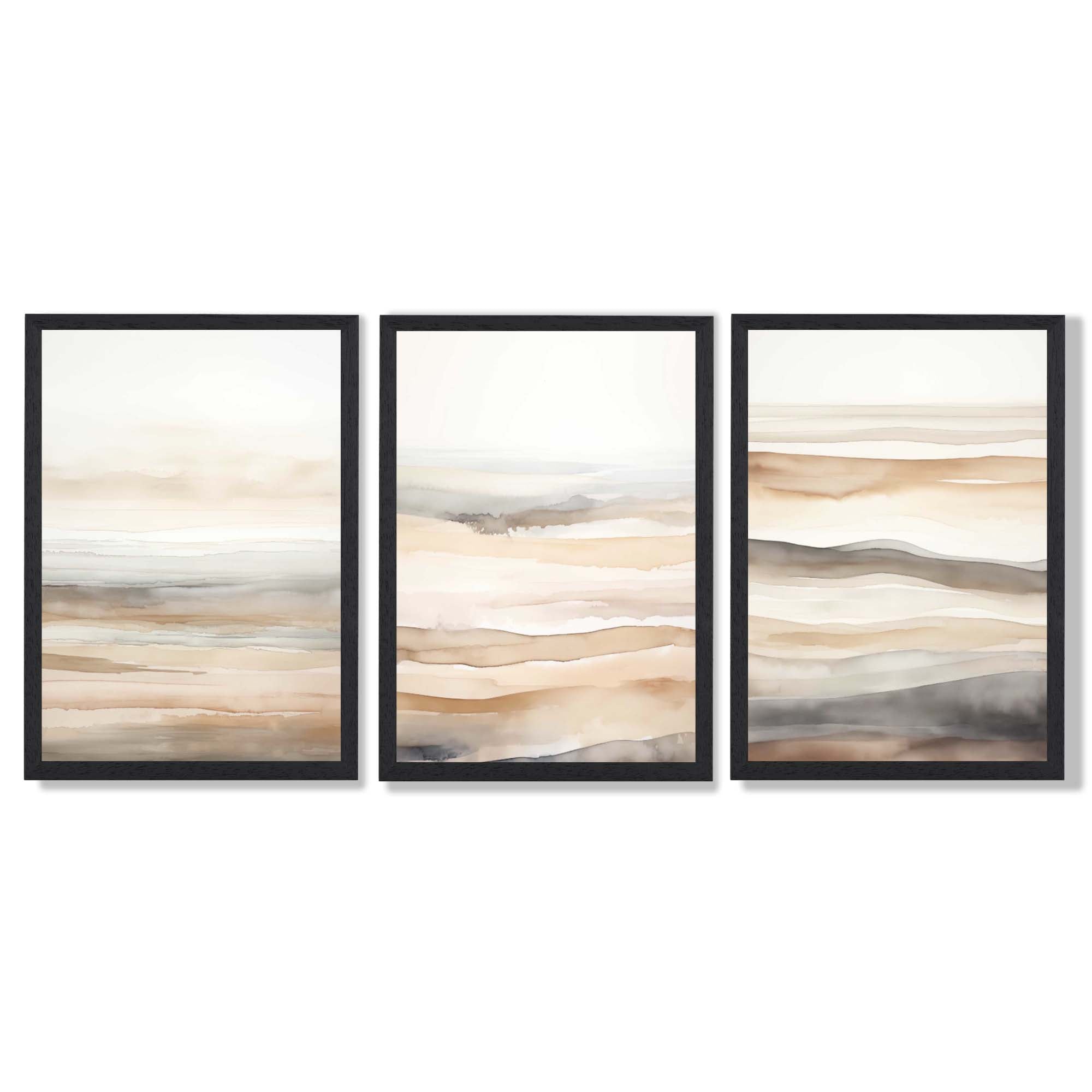 Beige and Sand Set of 3 Abstract Waves Framed Wall Art with Black Wooden Frames