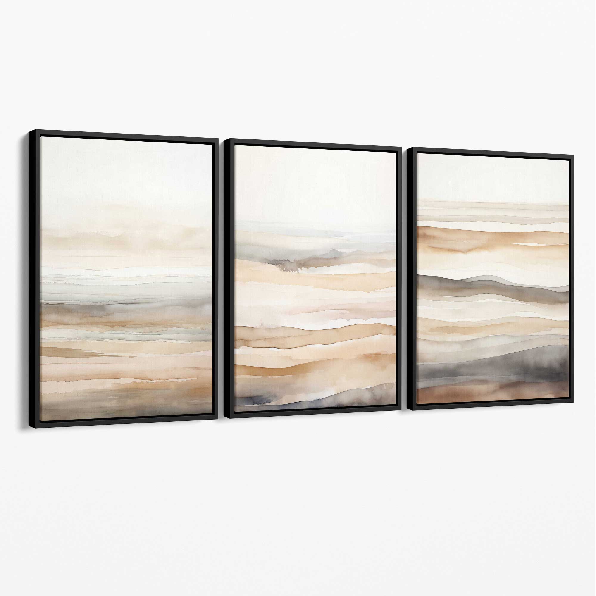 Beige and Sand Set of 3 Abstract Waves Canvas Prints with Black Float Frame