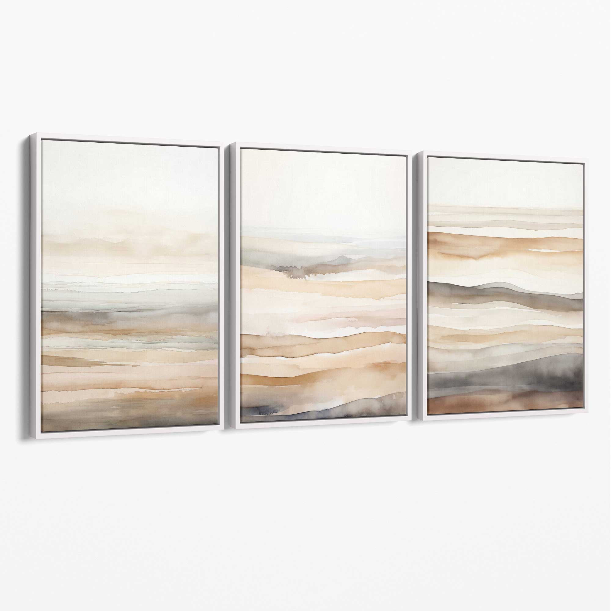 Beige and Sand Set of 3 Abstract Waves Canvas Prints with White Float Frame