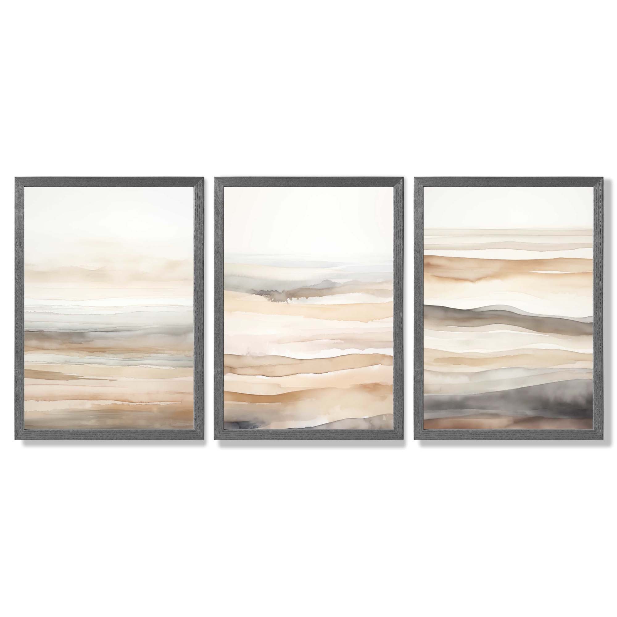 Beige and Sand Set of 3 Abstract Waves Framed Wall Art with Dark Grey Wooden Frames