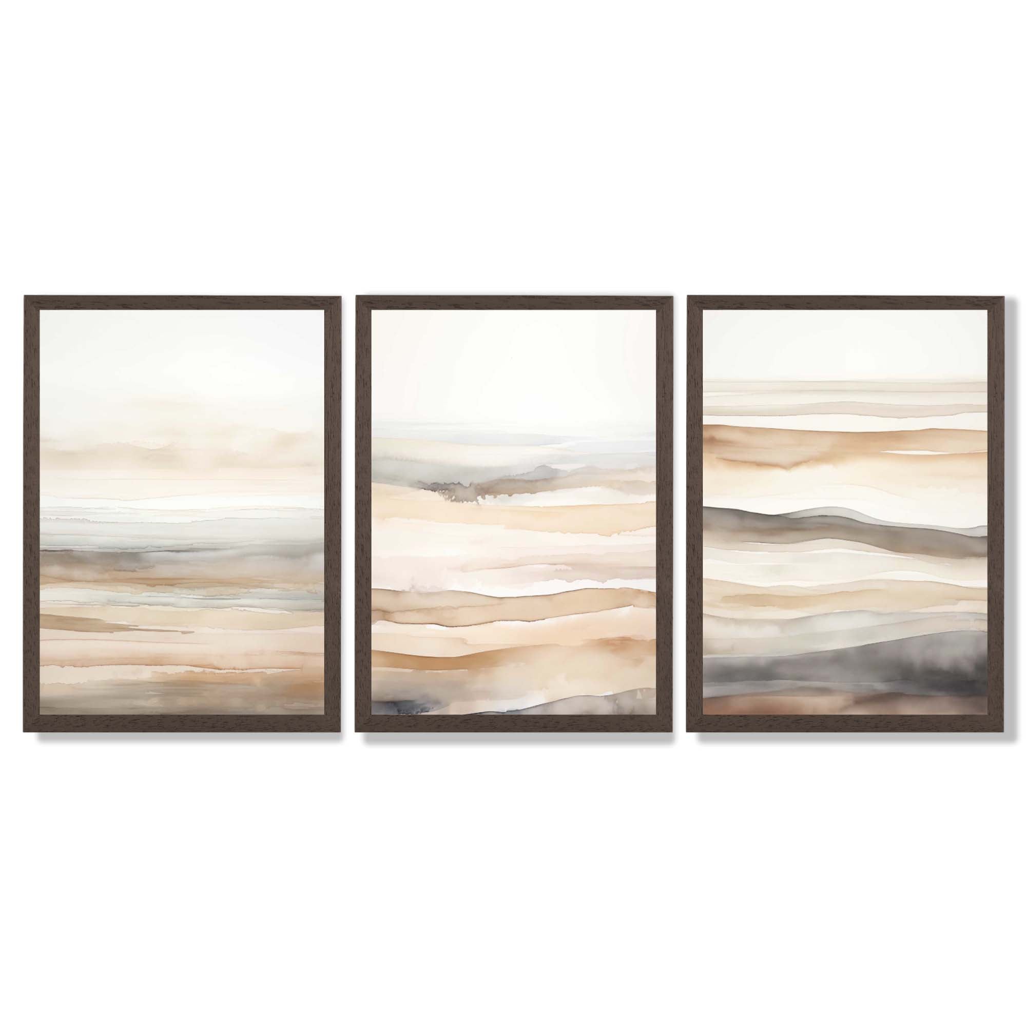 Beige and Sand Set of 3 Abstract Waves Framed Wall Art with Dark Wood Frames