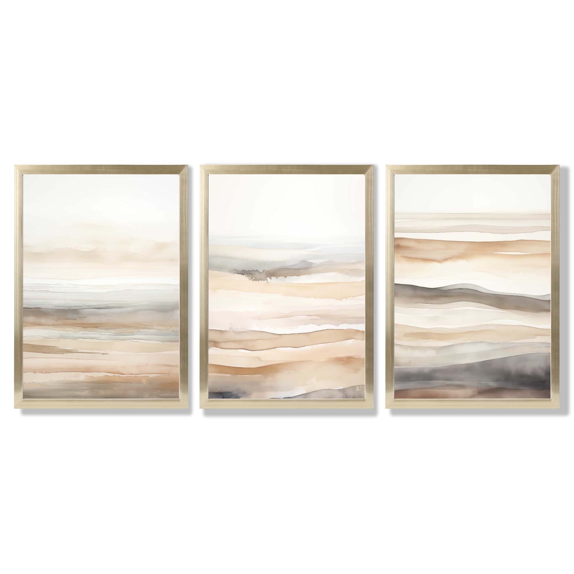 Beige and Sand Set of 3 Abstract Waves Framed Wall Art with Gold Wood Frames