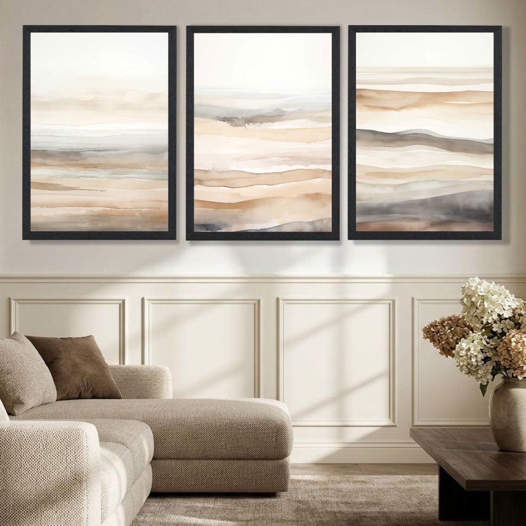 Beige and Sand Set of 3 Abstract Waves Art Prints in Black Frames | Artze UK