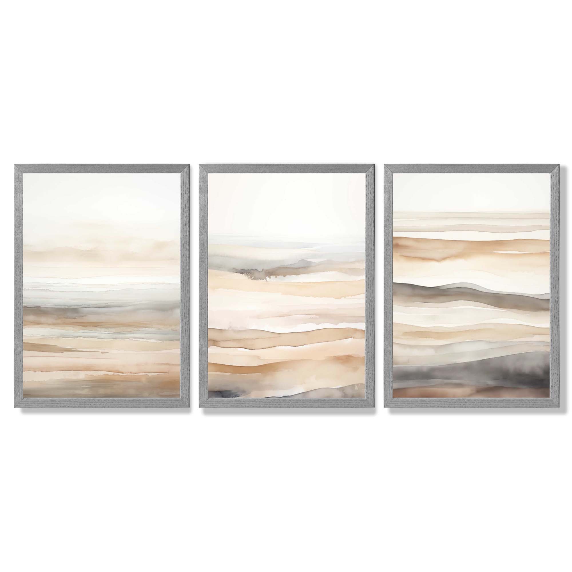 Beige and Sand Set of 3 Abstract Waves Framed Wall Art with Light Grey Wooden Frames