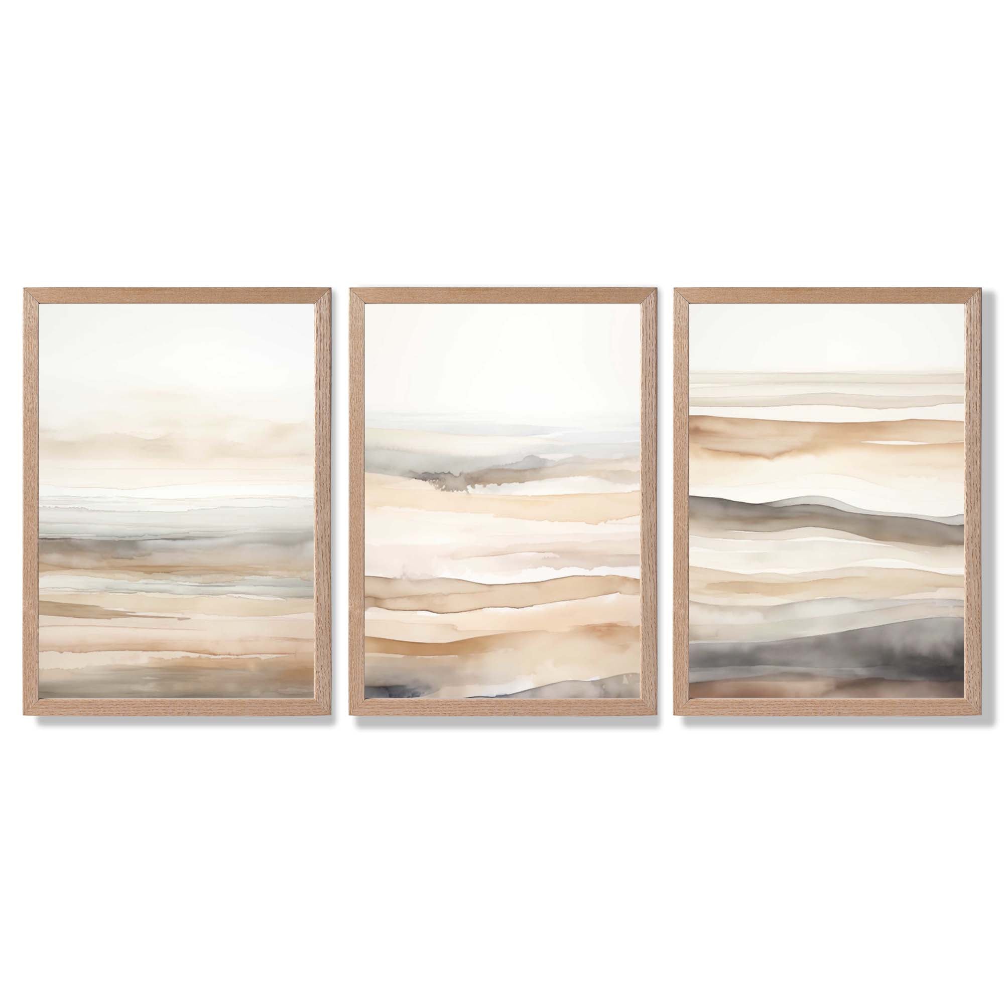 Beige and Sand Set of 3 Abstract Waves Framed Wall Art with Light Oak Frames