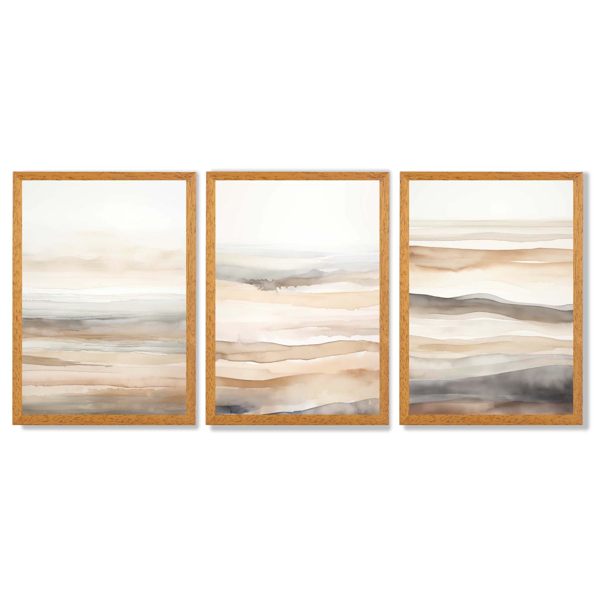 Beige and Sand Set of 3 Abstract Waves Framed Wall Art with Oak Wooden Frames