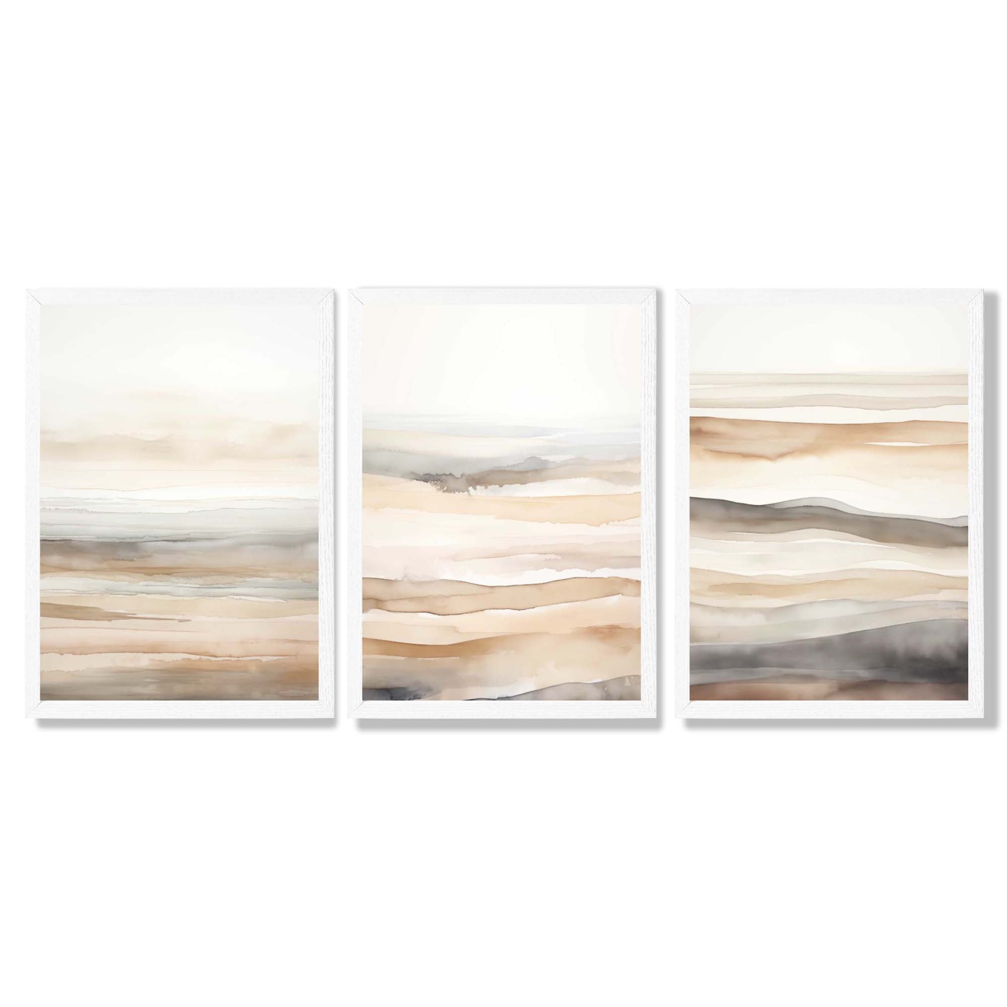 Beige and Sand Set of 3 Abstract Waves Framed Wall Art with White Wooden Frames