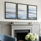 Set of 3 Abstract Blue Waves Framed Wall Art with Black Wooden Frames