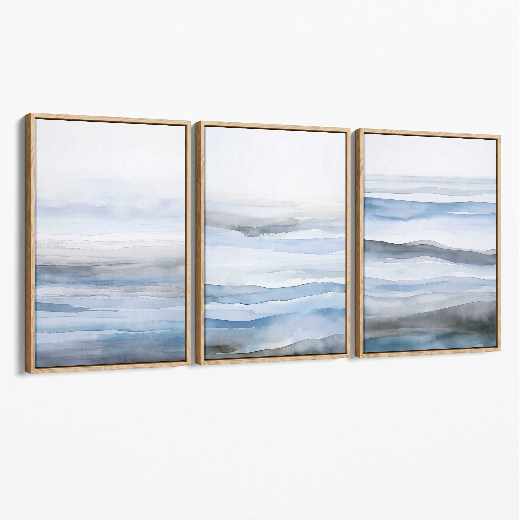 Set of 3 Abstract Blue Waves Canvas Prints with Oak Float Frame