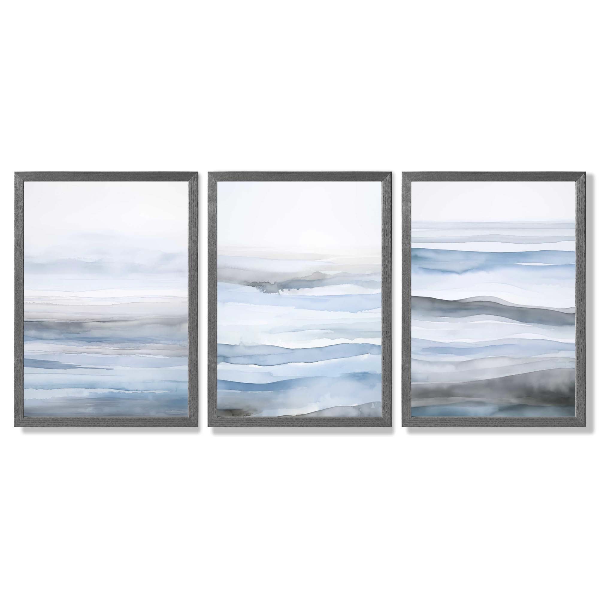 Set of 3 Abstract Blue Waves Framed Wall Art with Dark Grey Wooden Frames