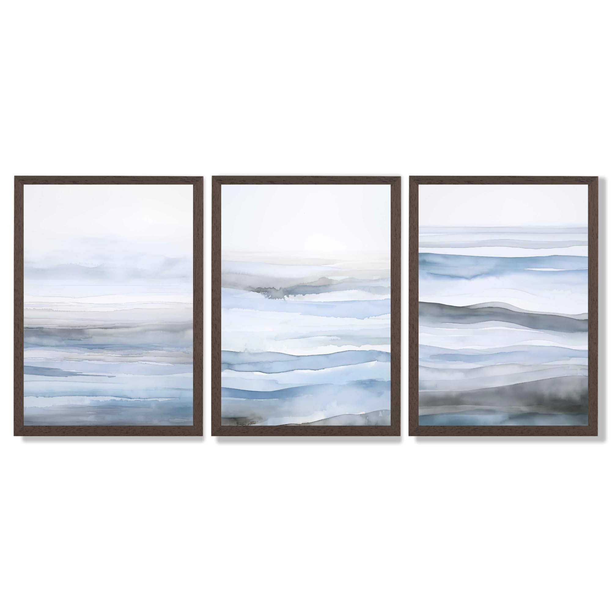 Set of 3 Abstract Blue Waves Framed Wall Art with Dark Wood Frames